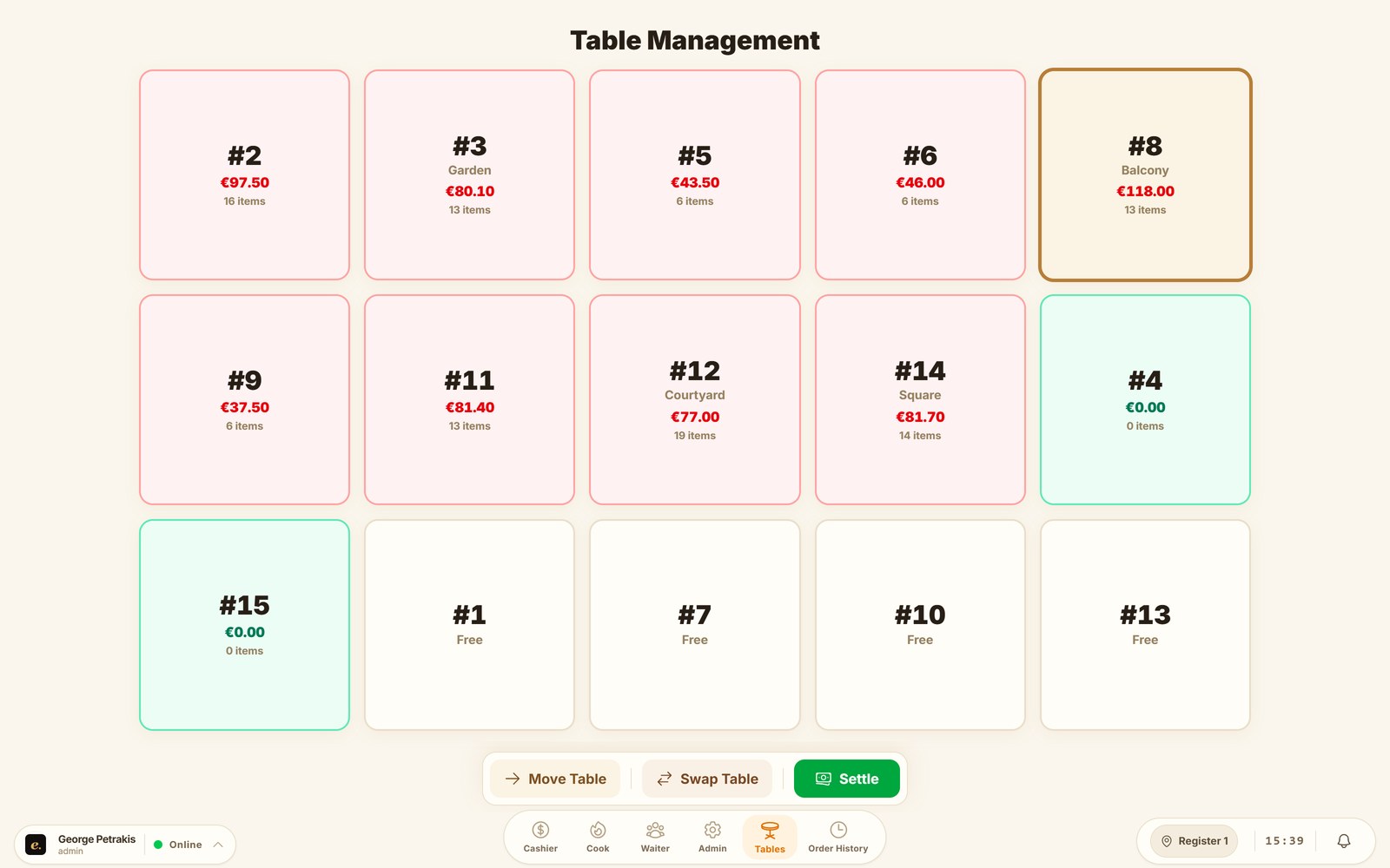 The Efaeto floor plan with open bills across a full dining room.
