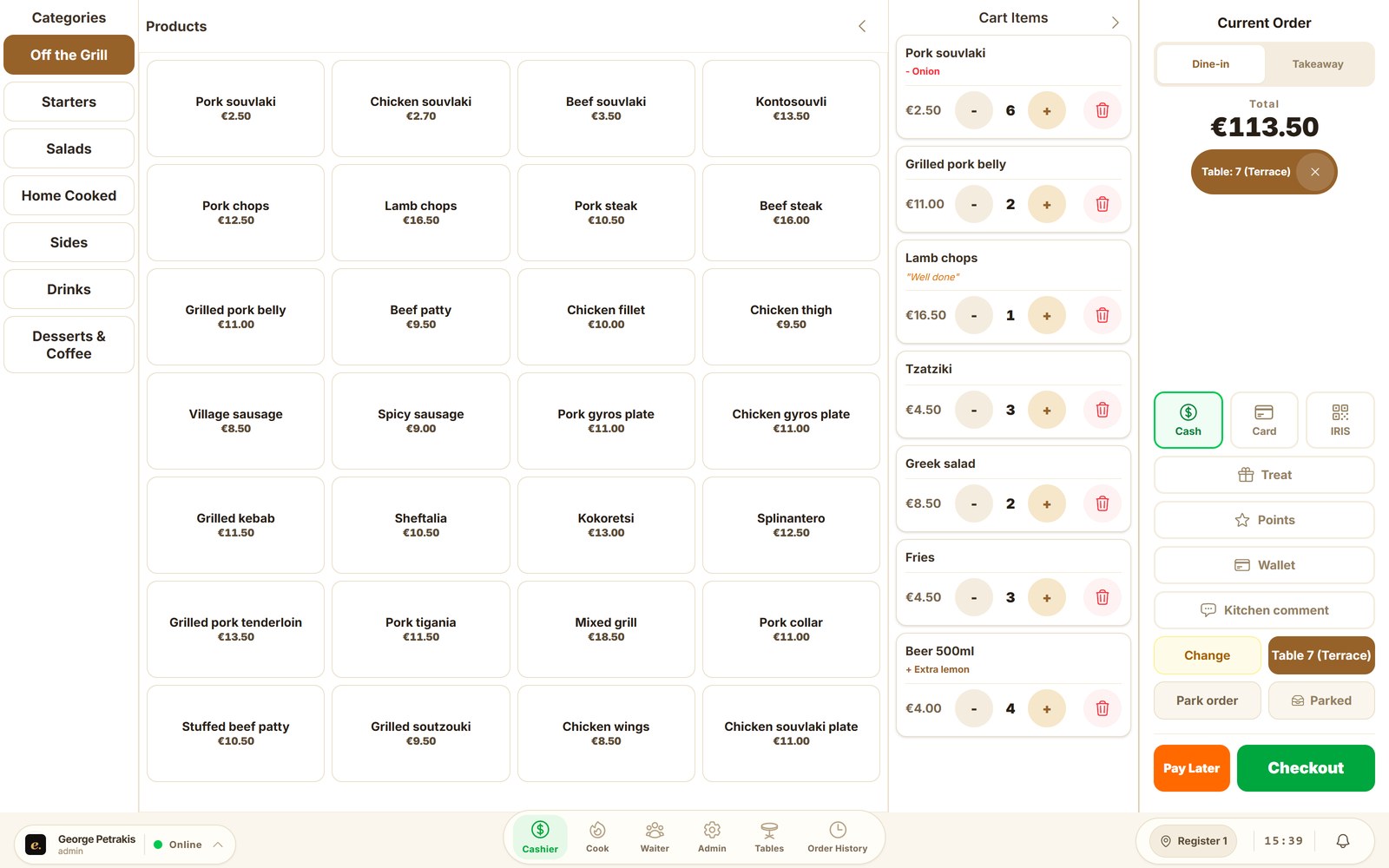 The Efaeto till screen with categories, modifiers and the order total.